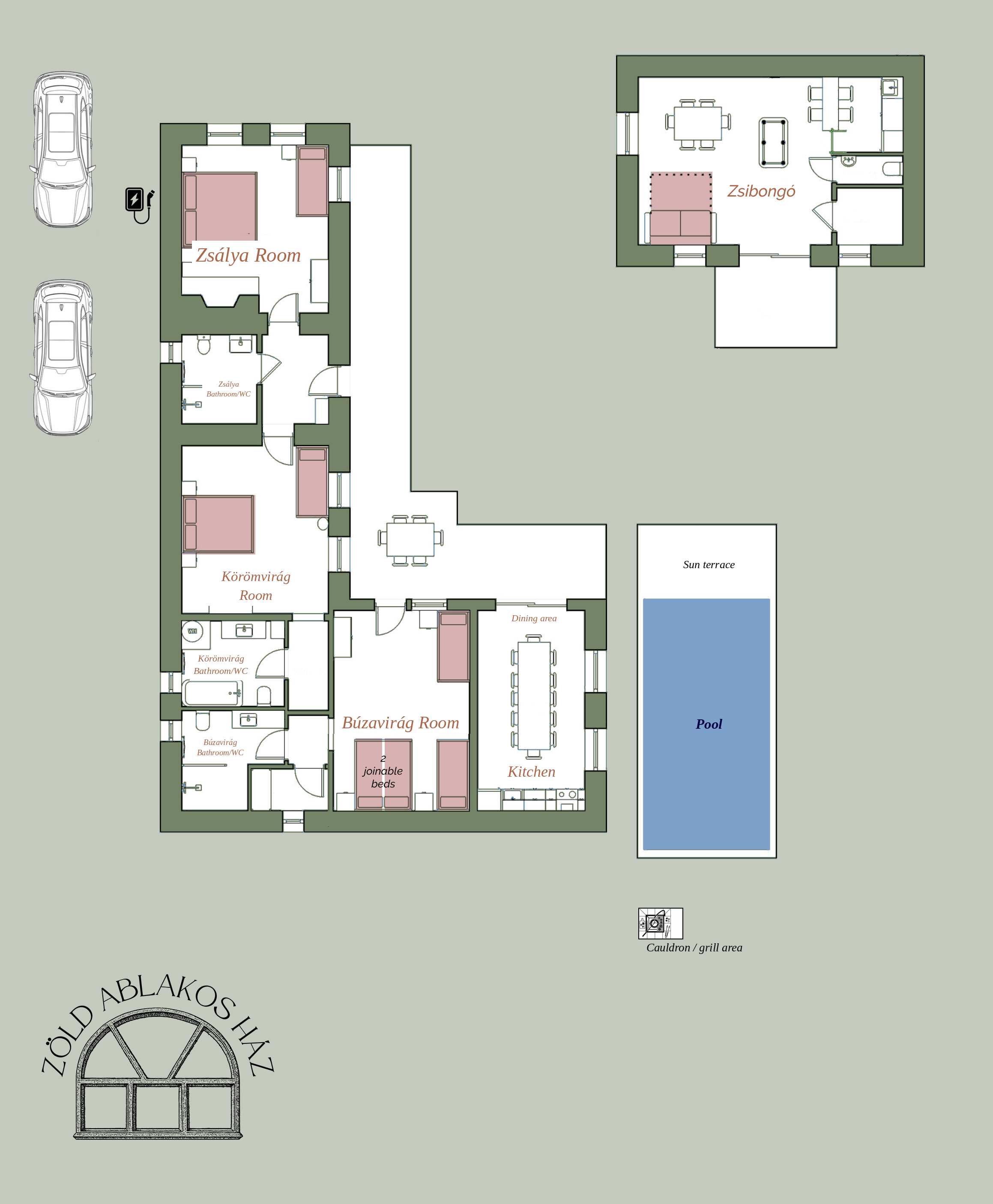 Zöld Ablakos Ház – site plan with room names